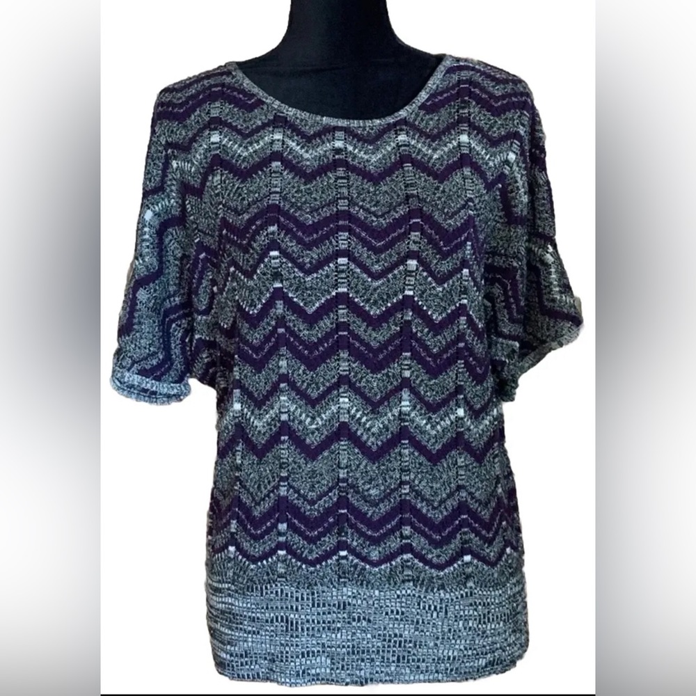 AGB Petite Large Women Purple Black Grey Gray White Zigzag Striped Shirt